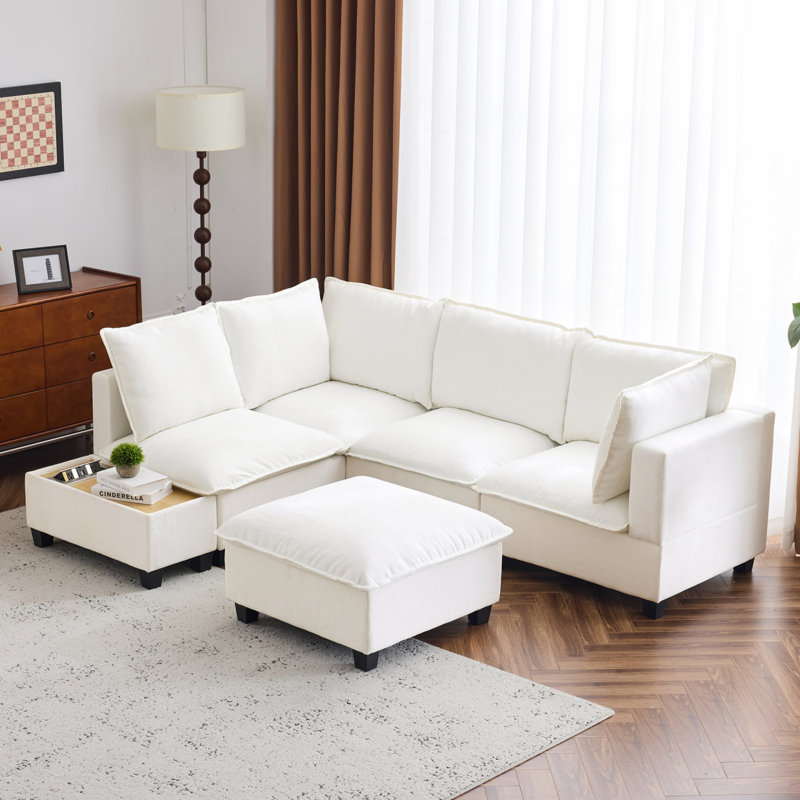Canapé modulaire en U de 90 po Modern Canapé modulaire avec repose-pieds mobile, table basse avec appareils de chargement cachés pour le salon, blanc