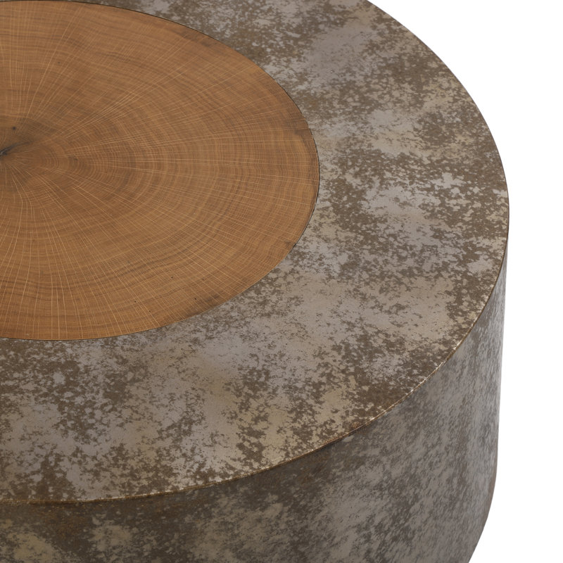 Bexford Modern Rustic Decorative Tree Ring Accent Round Coffee Table with Rust-Effect Finish and Oak Veneer for Living Room