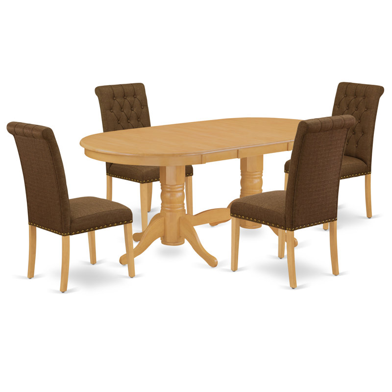 5 Piece Dining Table Set for 4 Includes an Oval Kitchen Table with Butterfly Leaf and 4 Brown Linen Fabric Upholstered Chairs, Oak