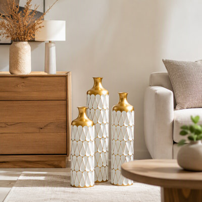 Floor Metal Vase Modern Style Decoration Home Droplet Shaped White Metal Vase 3Piece Set Gorgeous Home Decoration Large Glazed Metal Vase