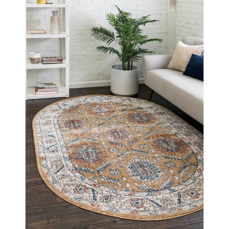 Tapis traditionnel jaune / ivoire, Ovale 4 pi x 6 pi