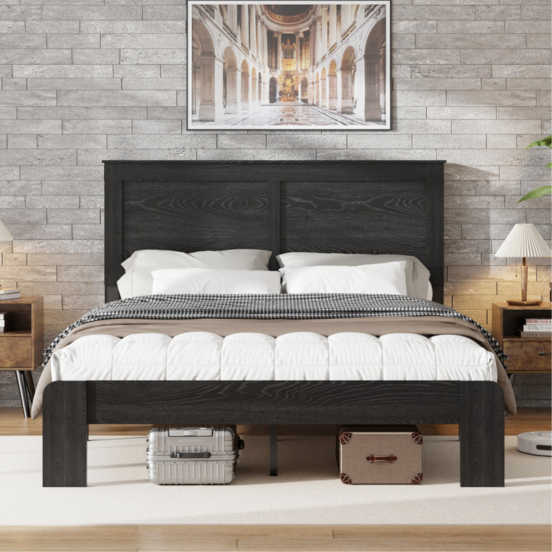 Structure de lit plateforme en bois pleine grandeur, silencieuse et fiable, sans sommier tapissier, facile à assembler avec tous les outils, rangement généreux, couleur brun foncé, look industriel pour la chambre à coucher, moderne
