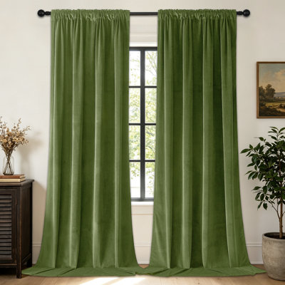 Velvet Curtains 2 Panels Luxury Blackout Rod Pocket Thermal Insulated Window Curtains, Soft Decorative Room Darkening Drapes for Home Living Room, Olive Green, 52"x96"