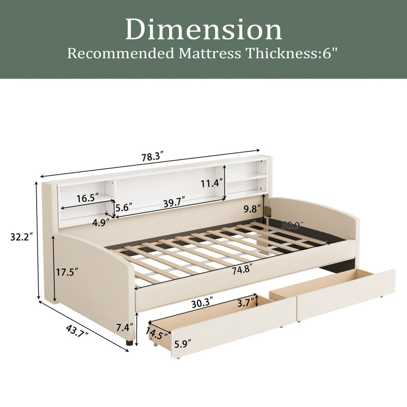 Lit plateforme simple tapissier avec rangement et tiroirs, Beige