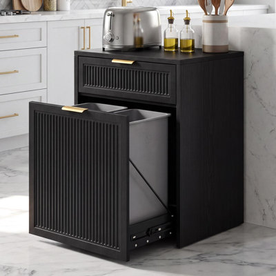 Double Pull Out Trash Can Cabinet for 2×10 Gallon Bins, Pet Proof Hidden Trash Bin Cabinet with Drawer, Freestanding Wooden Garbage Recycling & Laundry Hamper for Kitchen, Laundry, Living Room