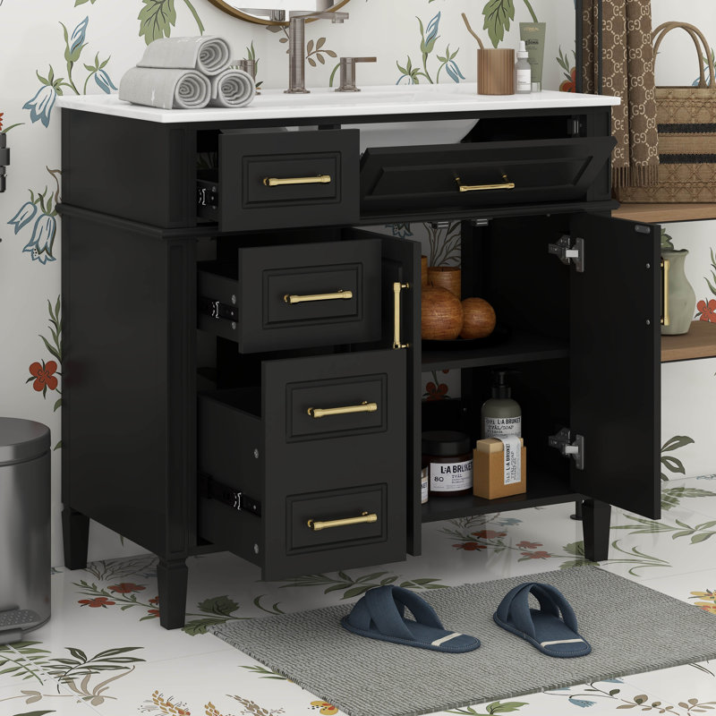 Ensemble de meuble-lavabo 36 po avec lavabo en céramique, ensemble de meuble-lavabo autoportant avec tiroir rabattable, 3 tiroirs et tablette réglable