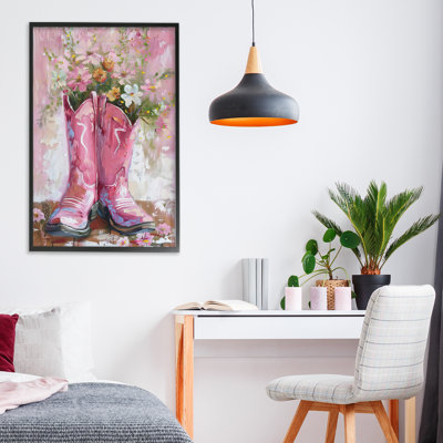 Floral Boots Pink Cowgirl Framed Giclee, design by LSR Design Studio