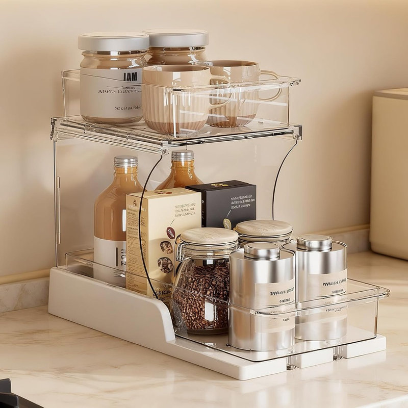 Ensemble de 1 sous-évier coulissant à 2 niveaux - Support de garde-manger rotatif transparent pour armoires de cuisine et de salle de bain
