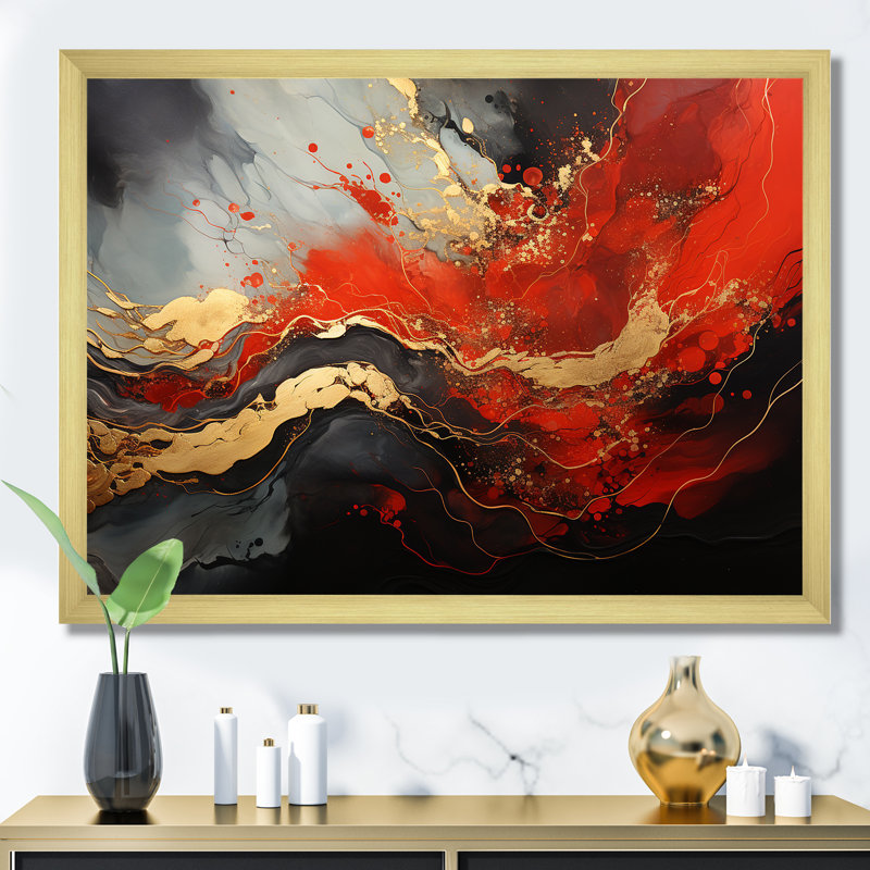 Rouge et feu de marbre doré I - art abstrait sur toile, Cadre d'angle fermé doré, H 16 po x l 32 po x P 1 po