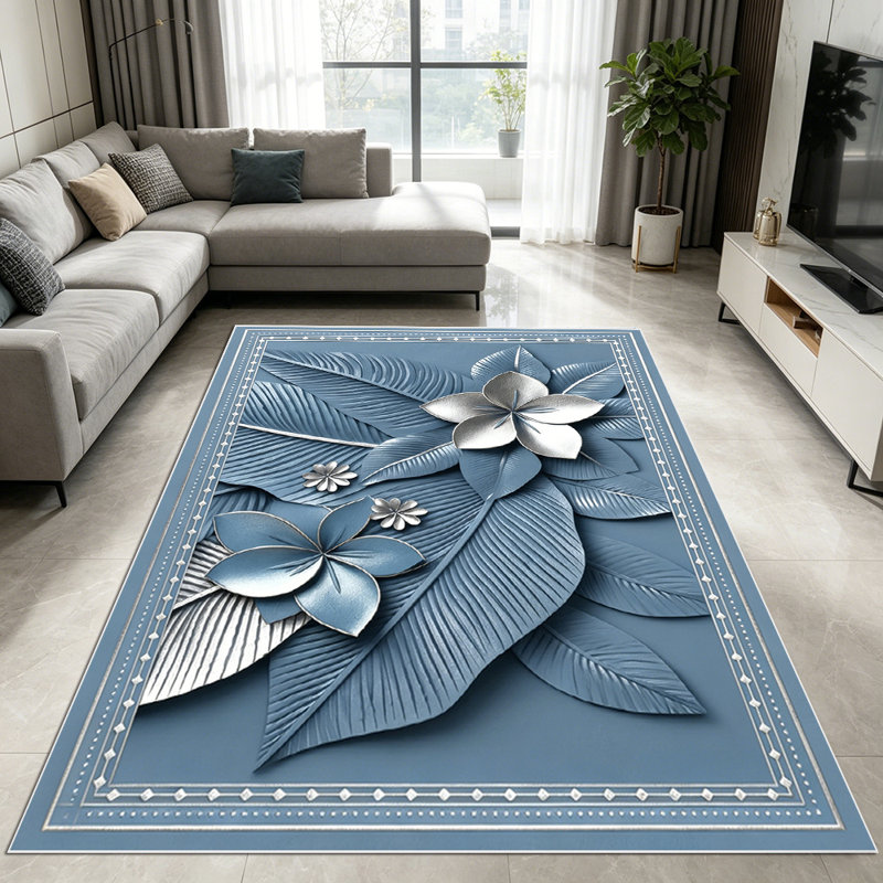 1PC 3D Embossed Dusty Blue Tropical Floral Leaf area rugs for Living Room, Soft, All seasons, Easy-maintain, Washable Indoor mat, Farmhouse suitable for Dining Table, Bedroom, Kitchen Entryway, Patio, Balcony, Home Decor, Outdoor Decor.