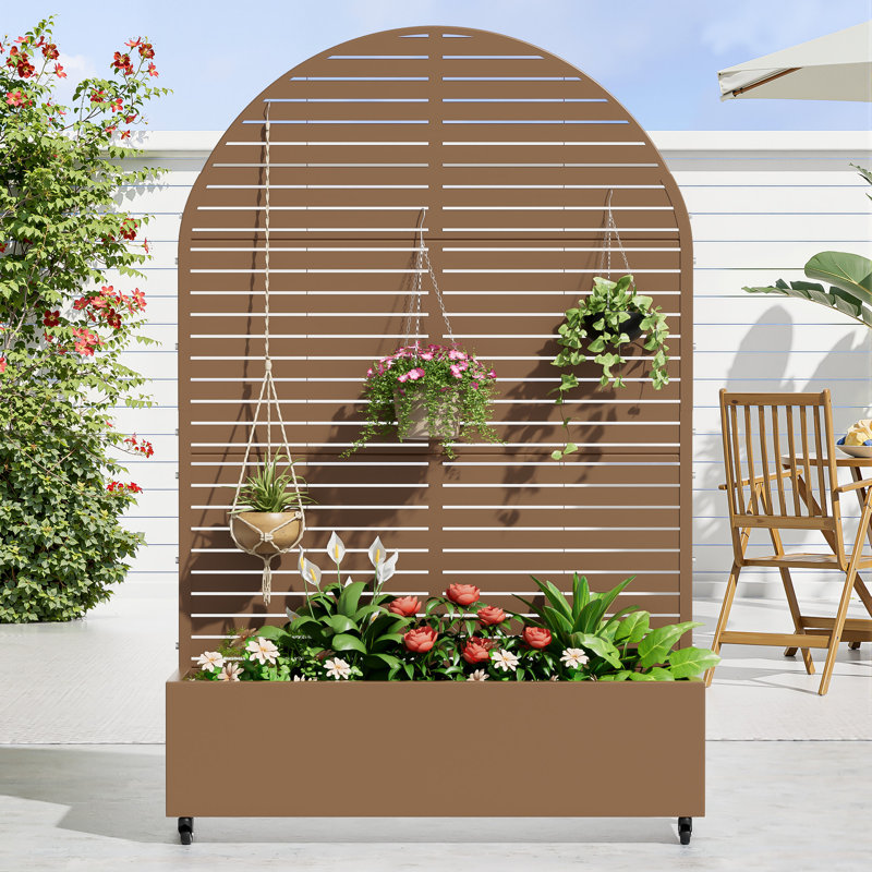 Arch Metal Planter Box with Trellis with Wheels, Brown, 72" H x 47" W x 16" D