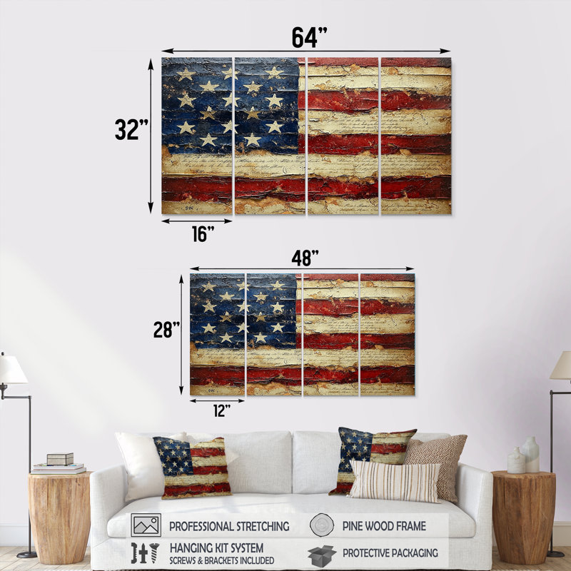 Le drapeau de la Constitution des États-Unis. V - Patriotiste américain, art mural moderne, 4 pièces, H 32 po x l 64 po