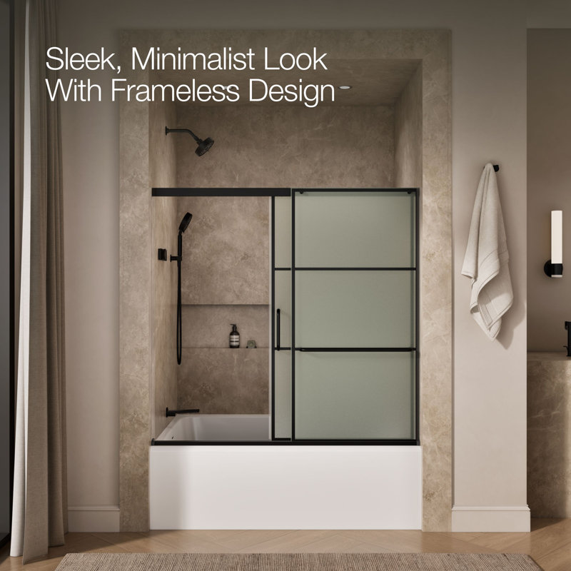 Elate Sliding Bath Door, 56-3/4-In H X 56-1/4 - 59-5/8-In W, With 1/4-In Thick Frosted Glass With Rectangular Grille Pattern