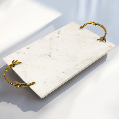 Elegant Large Serving Tray Rectangular Marble Tray with Metal Handles – Stylish Christmas Gift for Home Decor