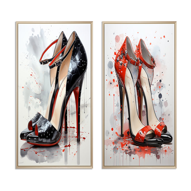 2 pièces sur toile - High Heels Symphony I - noir et rouge, Encadrement brun, H 40 po x l 40 po