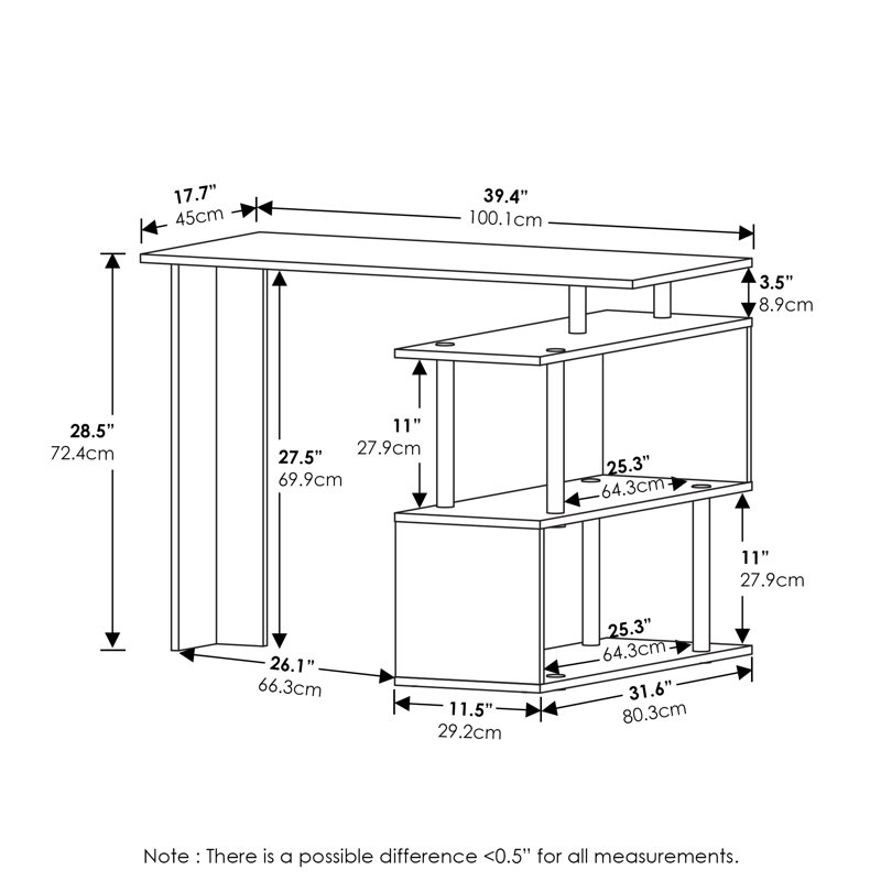 Dontay L-Shape Computer Desks with Side Shelves, Americano