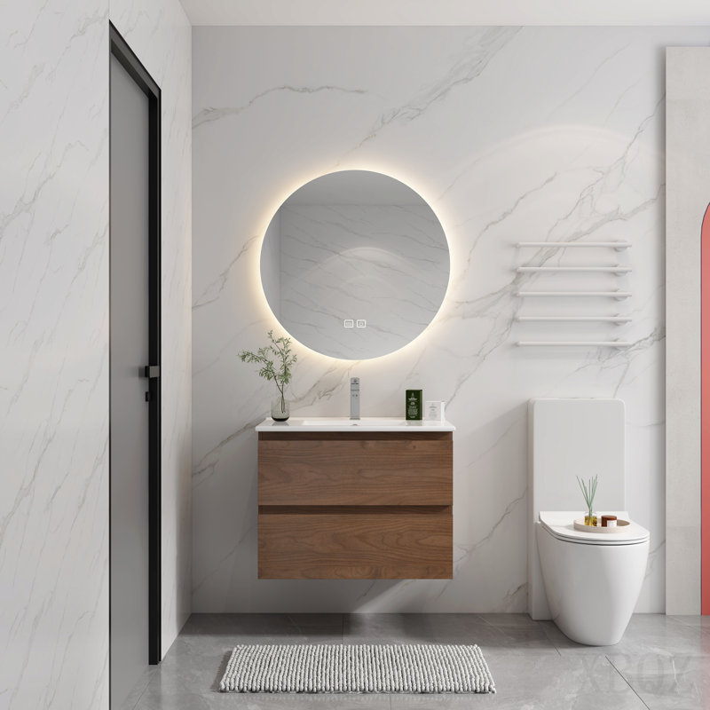 Ensemble de meuble-lavabo mural 24 po avec lavabo en céramique, 2 tiroirs à fermeture en douceur, ensemble Kd, 24", Brown Oak