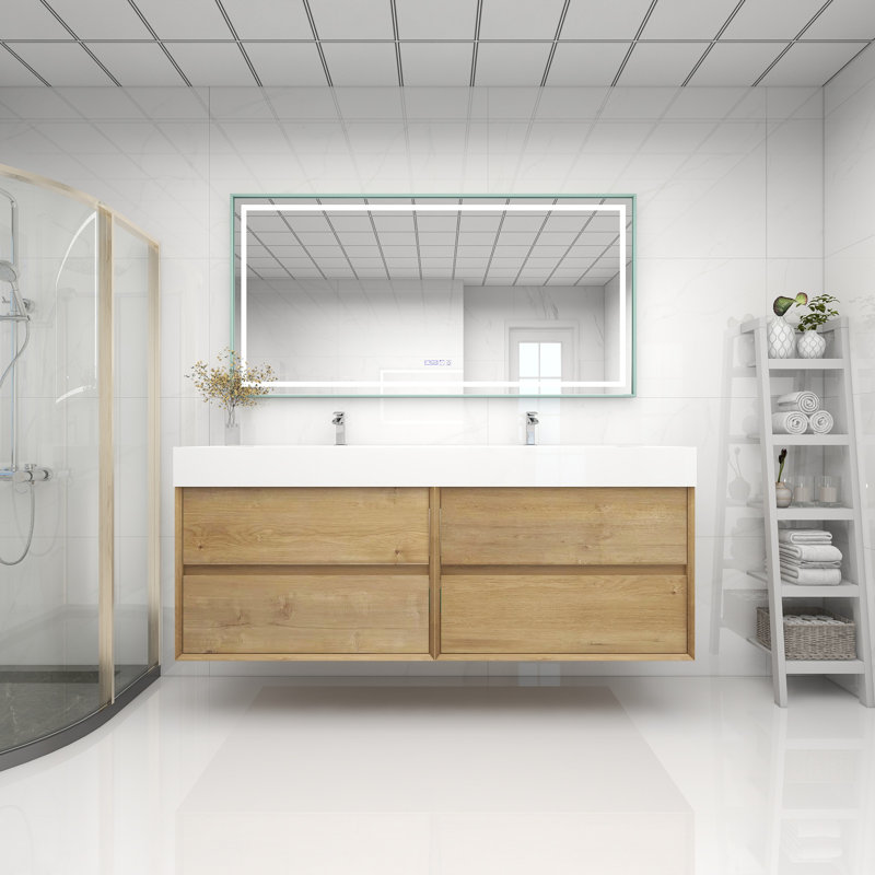 72" Wall Mounted Double Bathroom Vanity, Oak