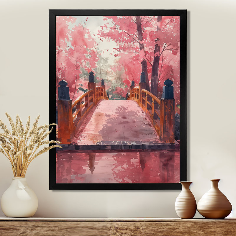 Pont rose de printemps rose sur fond de rêves - art mural, Cadre simple noir, H 34 po x l 44 po