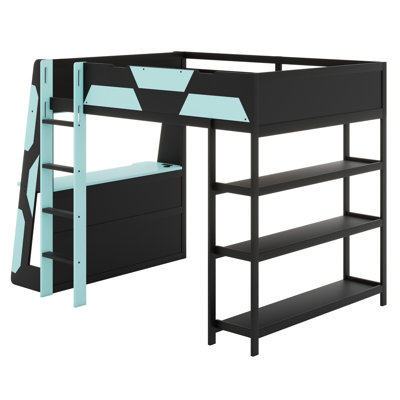 Sturdy Gaming Loft Bed with Desk, Open Shelves & LED Lights