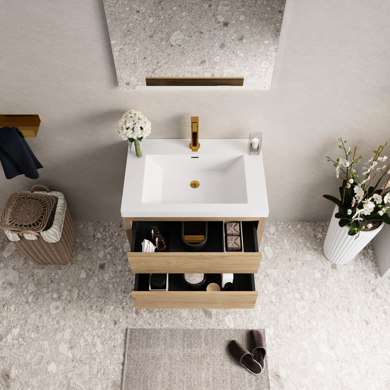 Meuble-lavabo de salle de bain de 30 po avec lavabo. Beauté en chêne naturel. Rangement en forme de U. Comptoir en résine haute pierre. Tiroir à fermeture silencieuse. Formulaire d'installation simple. 24V15-30Non pour le charisme. Valeur.
