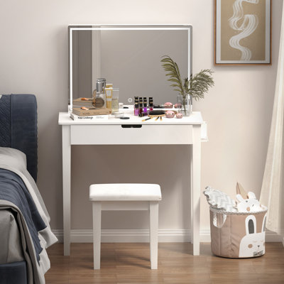 Ensemble de coiffeuse avec miroir pour le maquillage, table de maquillage avec 1 tiroir de rangement pour cosmétiques, coiffeuse pour la chambre à coucher avec éclairage à DEL à intensité variable avec tabouret, finition blanche