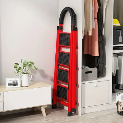 500 Pound Load-Bearing 4-Step Ladder With Anti-Skid Pedals | Sturdy Steel, Folding, Lightweight, Versatile, Suitable For Home, Office, And Outdoor Use