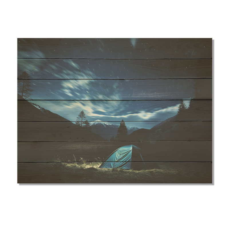 Starlit Camping In Canada I - Camping Travel On Wood Print, 24" H x 32" W