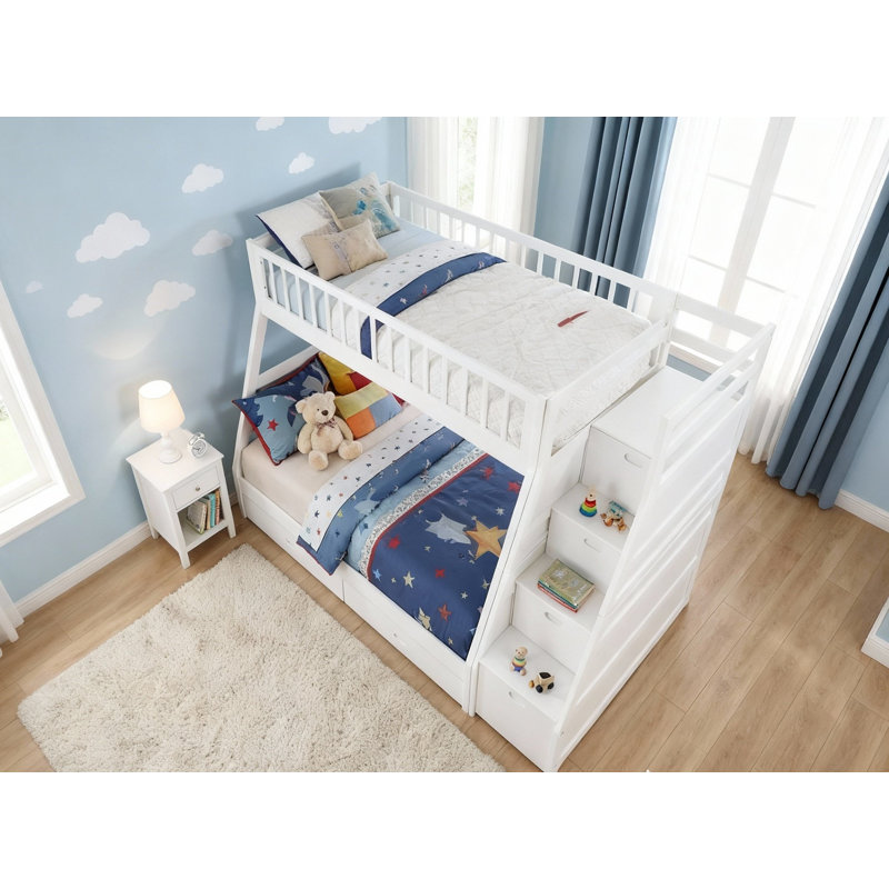 Mimi Twin Over Full Bunk Bed with Underneath Drawers and Staircase, White