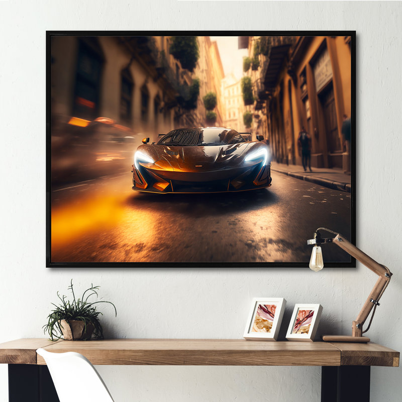 «Futuristic Black Bugatti Sports Car Racing V», reproduction sur toile, H 30 po x l 40 po x P 1,5 po, Cadre flottant noir