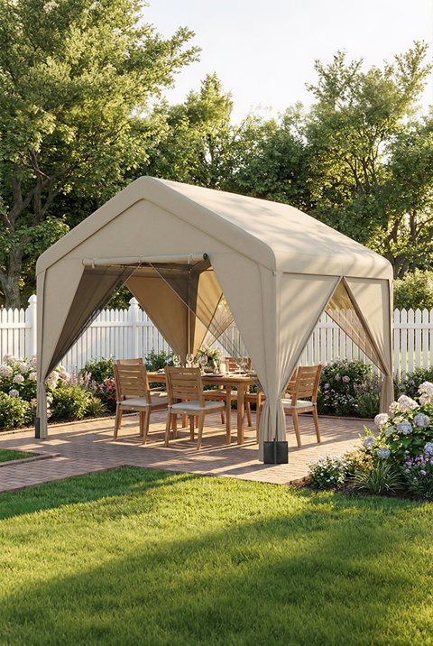 Beige outdoor gazebo with a gabled roof and mosquito netting set up over a wooden dining set on a patio in a lush garden.