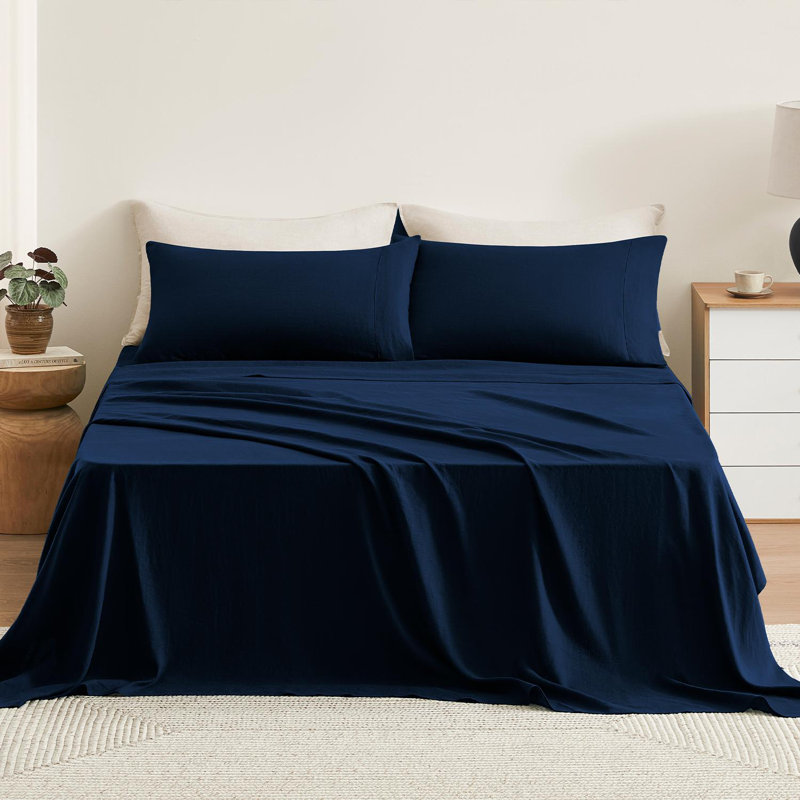 TOSMO 100% Linen Sheet Set, King, Navy