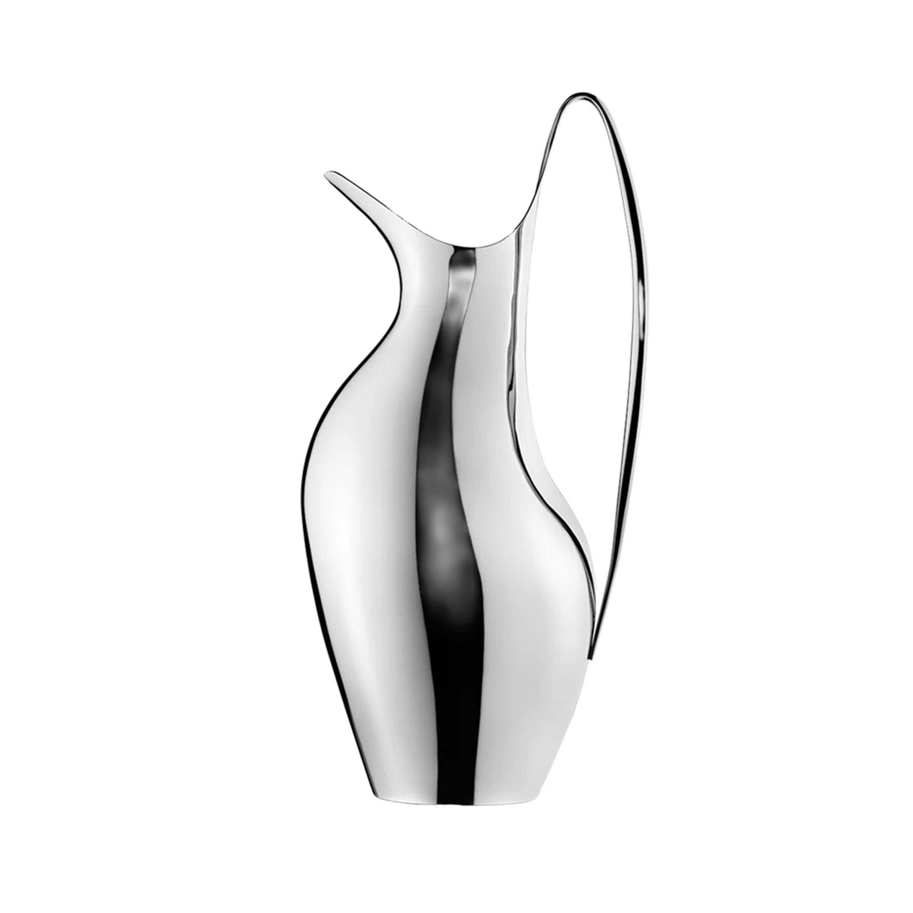Modern polished stainless steel pitcher with an organic, teardrop-shaped silhouette and an elongated, curved handle.