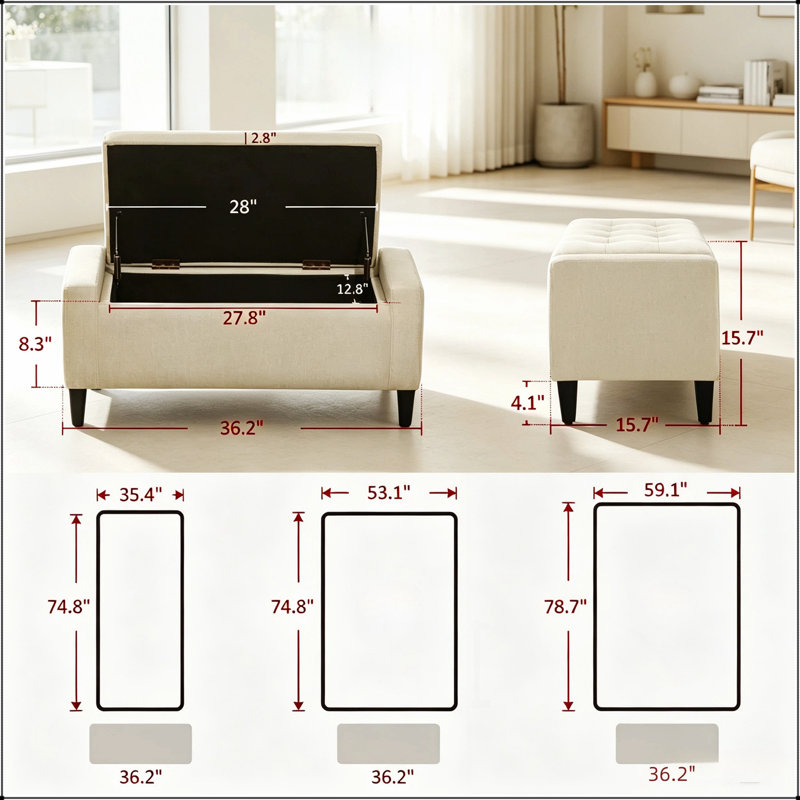 Banc de rangement moderne avec repose-pieds polyvalent, sièges confortables et rangement dissimulé pour les salons et les chambres