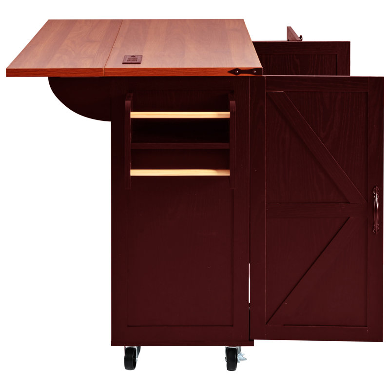 Babken Rolling Kitchen Island with Drop Leaf and Power Ports, Red