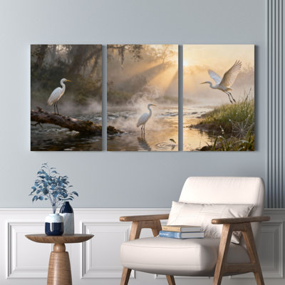 «White Heron Sunrise Landscape», ensemble de 3 reproductions d'art sur toile tendues