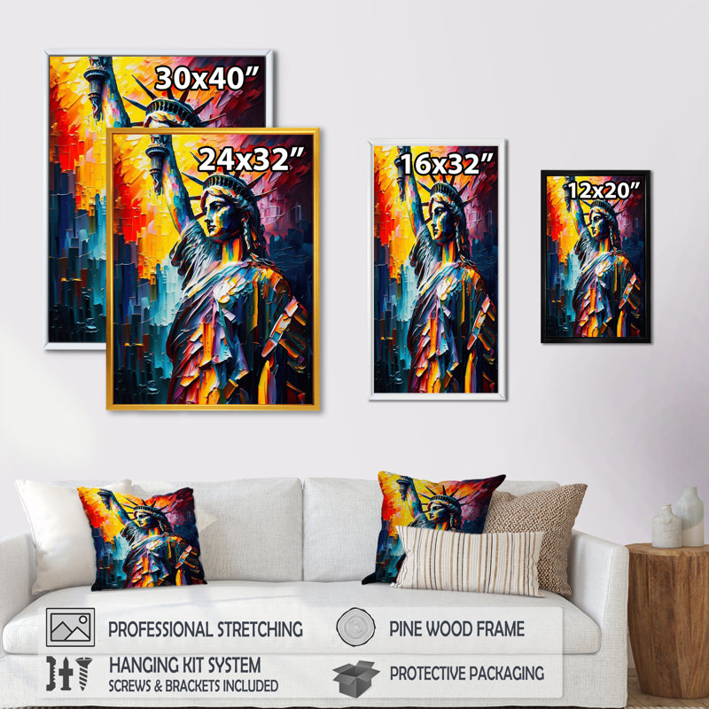 Statue colorée de la liberté II - art mural ville, H 32 po x l 24 po x P 1 po, Cadre flottant doré