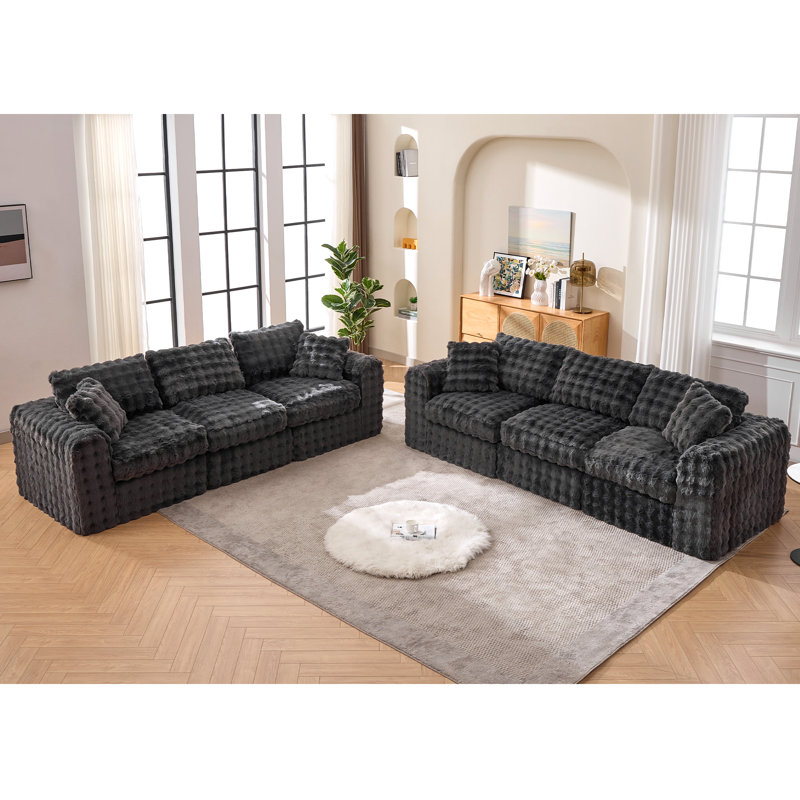Boneless 6 - Piece Modular Compression Upholstered Sectional, Gray Faux Fur