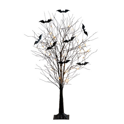 Pre-Lit Artificial Halloween Black Twig Tree With Bats And 50 Warm White LED Lights
