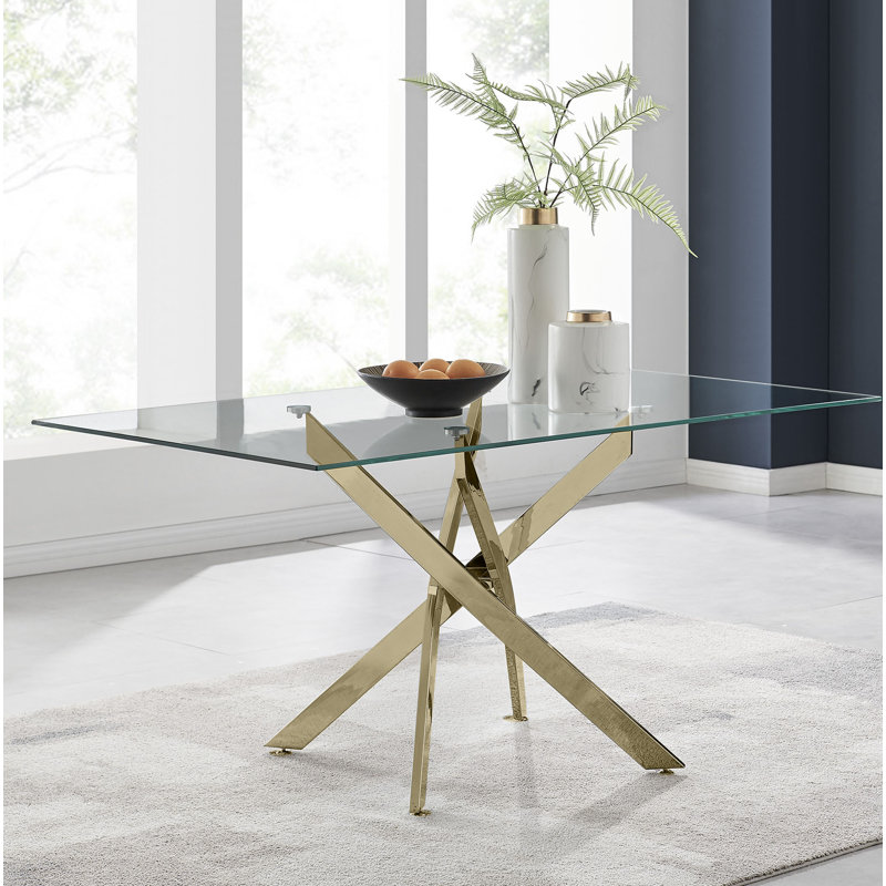 Lenworth Luxury Rectangular Dining Table in Glass and Chrome Metal - Modern Statement Design, 75H x 150W x 90D, Gold