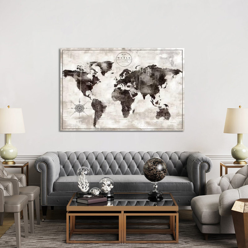 «Rustic World Map Black and White» par Marie Elaine Cusson - impression sur toile tendue, H 40 po x l 60 po x 1,5 po