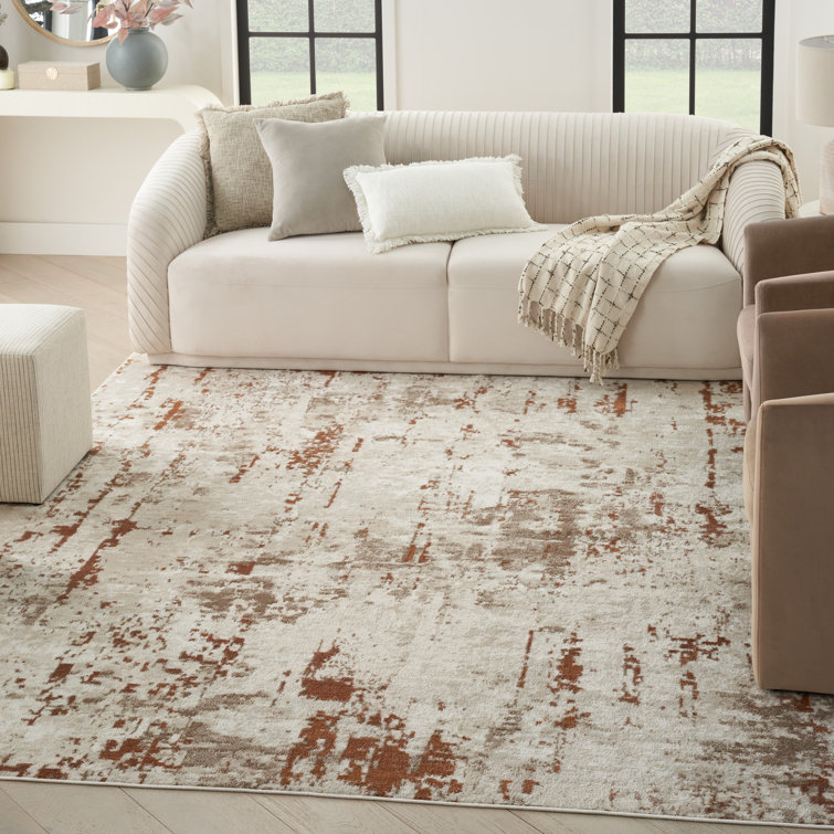 Bordas Abstract Modern Machine Woven Area Rug Area Rug in Ivory/Rust