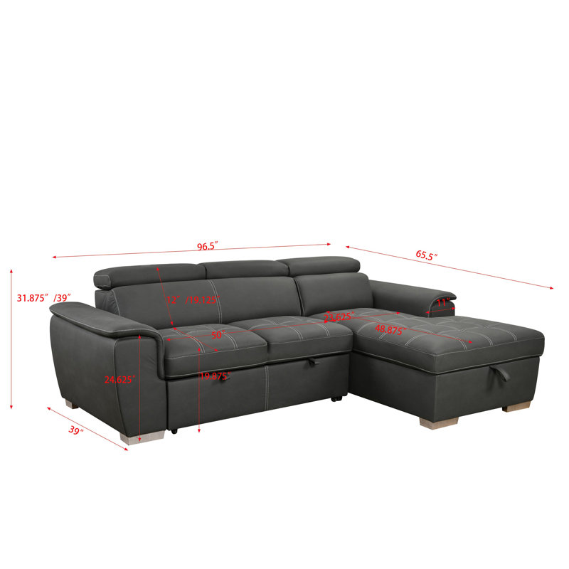 Canapé-lit modulaire convertible en L de 97 po avec rangement, Microsuède gris