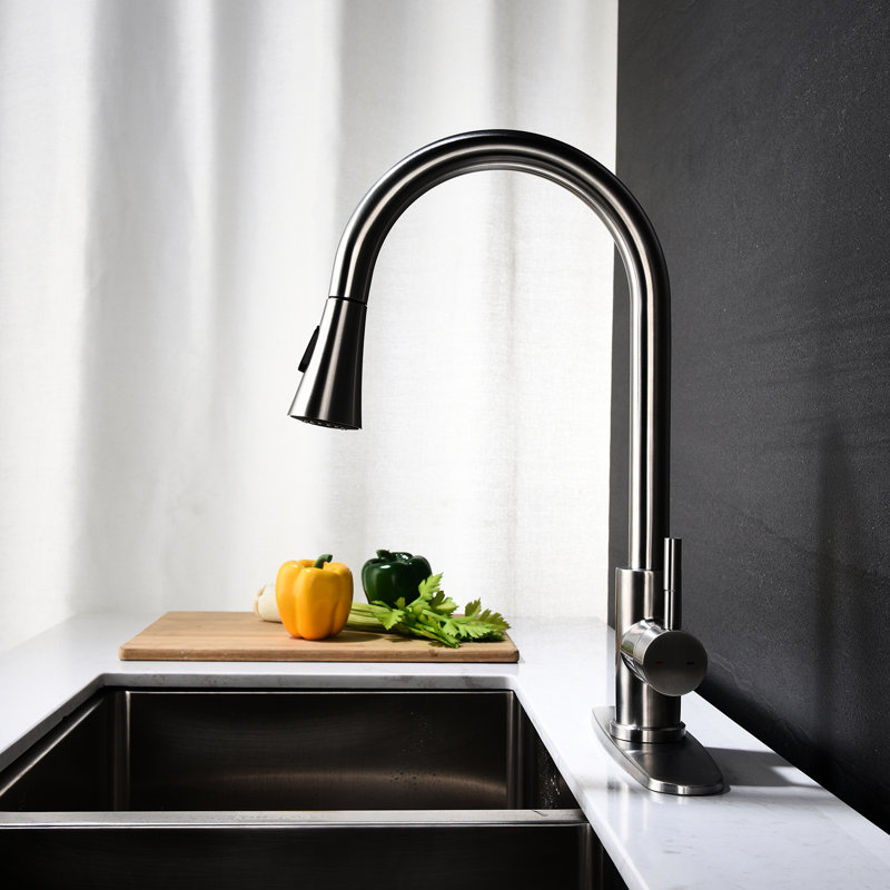 Pull Out Kitchen Faucet - Single Lever Allows Easy Water Temperature And Flow Adjustment, 360 Rotating High Arc Nozzle, Brushed Nickel On Stainless Steel, Dirt Surface Treatment, Aerated Splash With