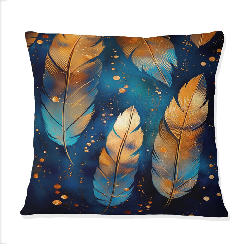 Coussin Boho Glam Gold Feathers On Cosmic Blue II - Feathers