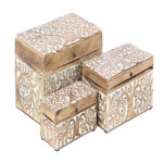 Lemoore Mango Wood Floral Decorative Brown Box with Hinged Lid Set