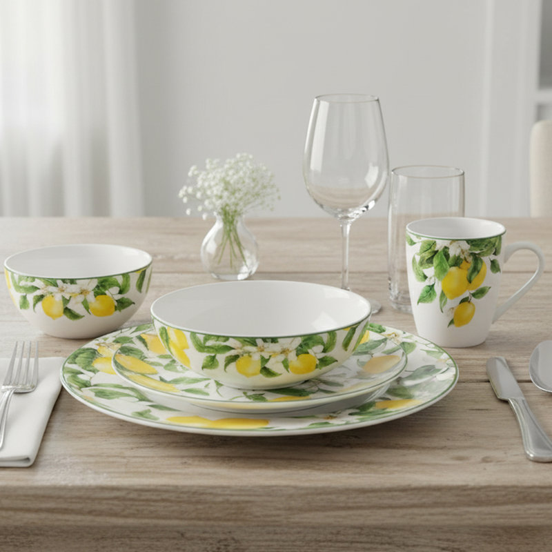 Service de vaisselle en porcelaine tendre à motif floral Lorren Home Trends, service pour 4, 20 pièces, assiettes, assiettes à salade, bols et tasses allant au micro-ondes et au lave-vaisselle.