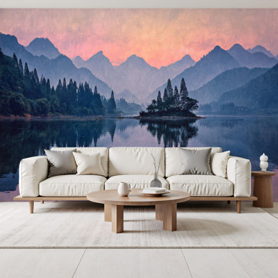 Peel and Stick Wallpaper Landscape Lake Mountain Nature Scenic Sunrise Forest National Park Wall Murals 69"H x 96"W Removable PVC Wall Paper Self-Adhesive Wall Decor for Bedroom Living Room Home Office