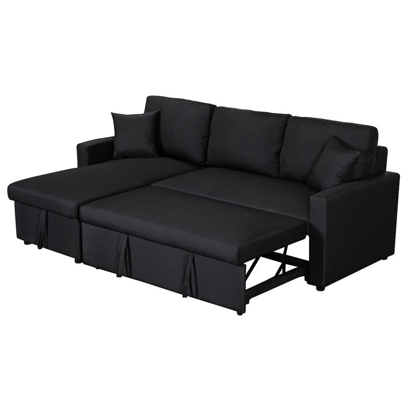 Paisley 82" Black Linen Fabric Reversible Sleeper Sectional Sofa With Storage Chaise