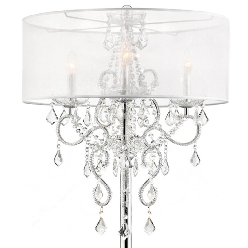 Grande lampe de table 35 "Evangelia", finition argentée et accents de cristal, abat-jour transparent